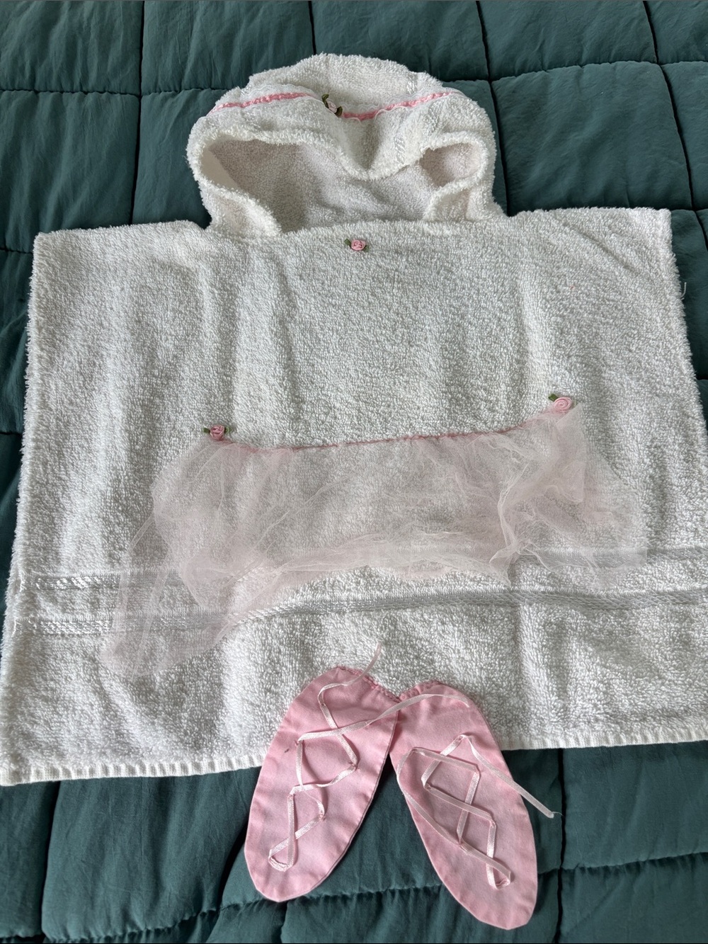 White and Pink Hooded Towel Poncho with Ballet Slippers